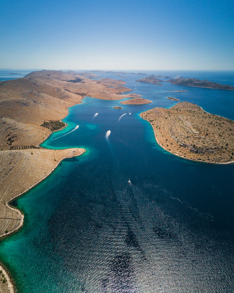 Stunning aerial view of Kornati Islands with turquoise sea in Šibenik-Knin County, Croatia.