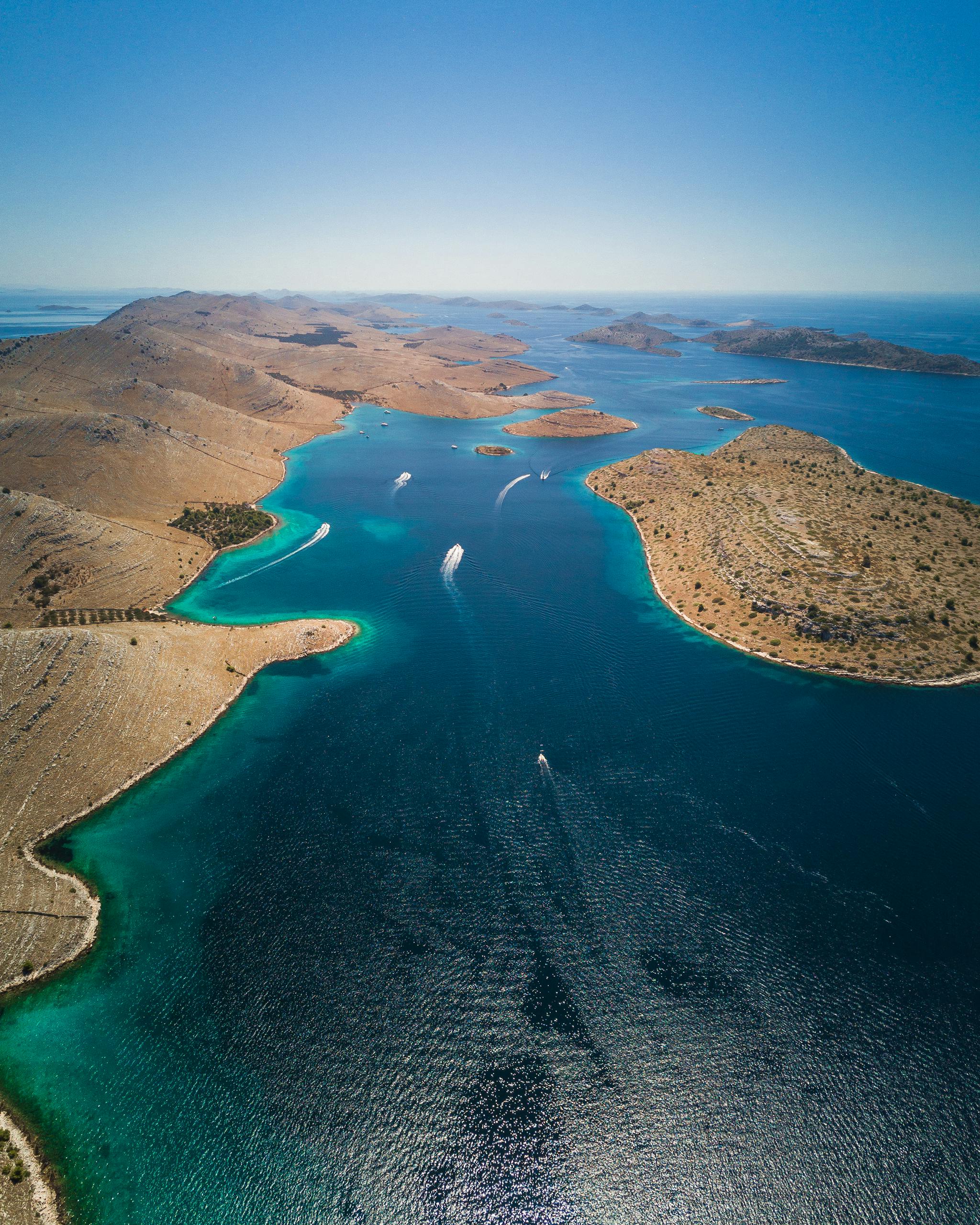 Stunning aerial view of Kornati Islands with turquoise sea in Šibenik-Knin County, Croatia.